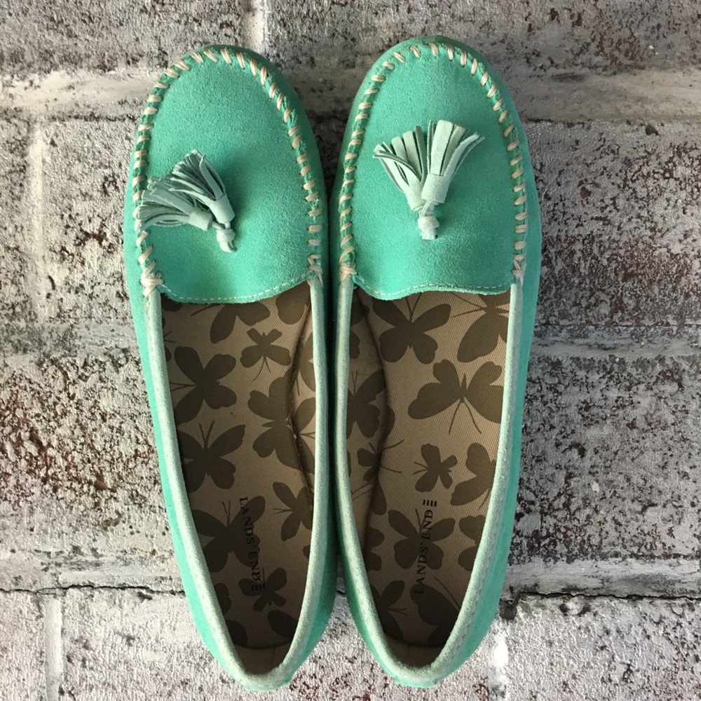 Lands end, teal suede loader with tassel